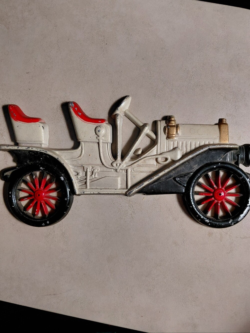 Decorative Vintage Cast Iron Car Wall Accent in White, Black and Red